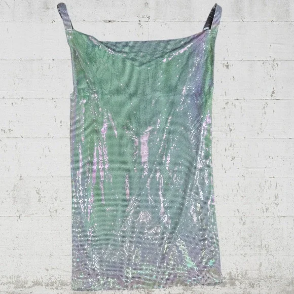 House of Harlow Iridescent Metal Mesh Disco Mini Dress Drape Neck Size Small NWT - Picture 3 of 8
